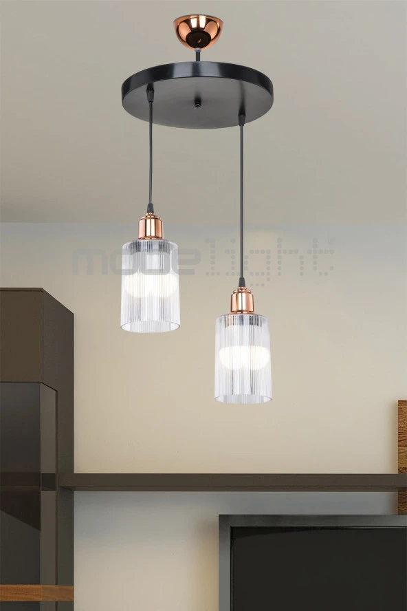 Modelight Aksel Bakır Duylu 2li Optik Camlı Avize