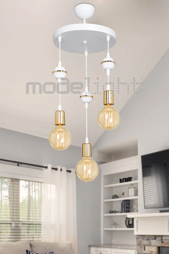 Modelight Akses 3lü Beyaz Gold Dekoratif Avize Salon-oturma-çocuk-yatak Odası-yemek Odası-antre-mutfak