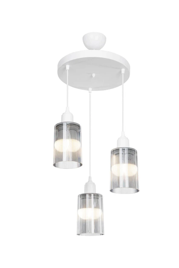 Modelight Aksel 3'lü Avize Füme Optik Camlı Beyaz - Resim 4