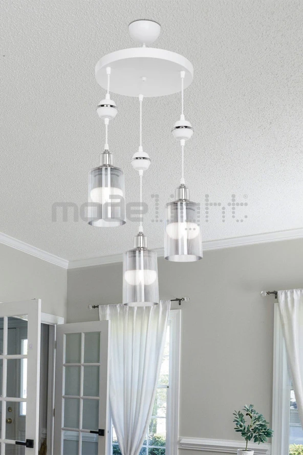 Modelight Akses Beyaz Küre Krom 3lü Avize Füme Camlı ürün görseli