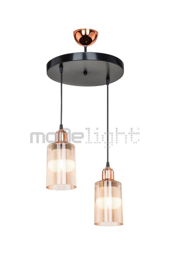 Modelight Aksel Bakır Duylu 2li Optik Camlı Avize - Resim 2