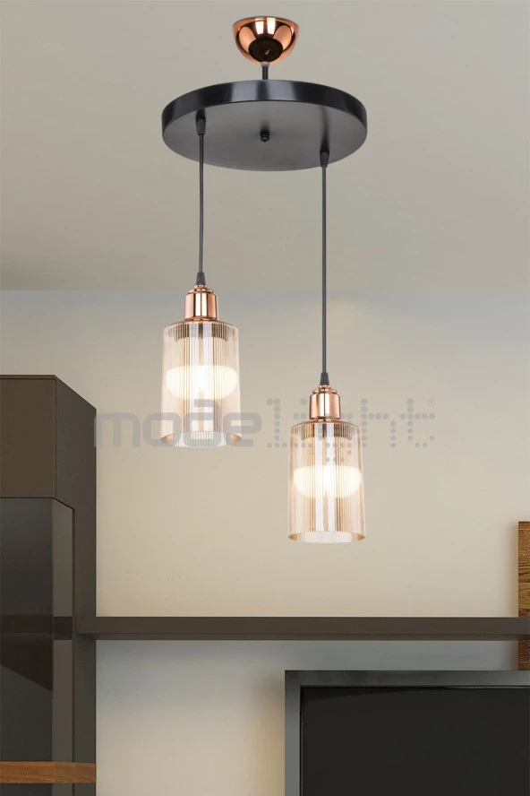 Modelight Aksel Bakır Duylu 2li Optik Camlı Avize ürün görseli