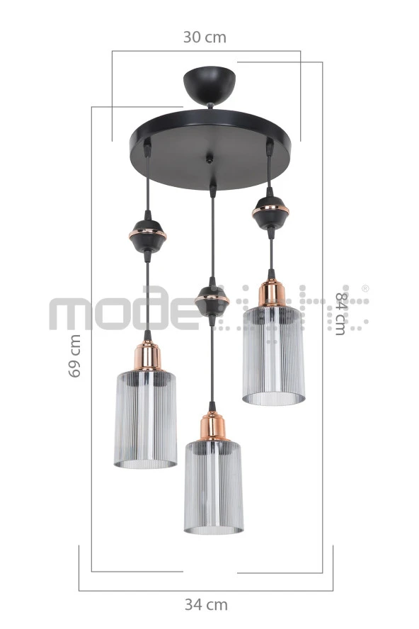 Modelight Akses Küre / Karo 3lü Optik Camlı Avize - Resim 4