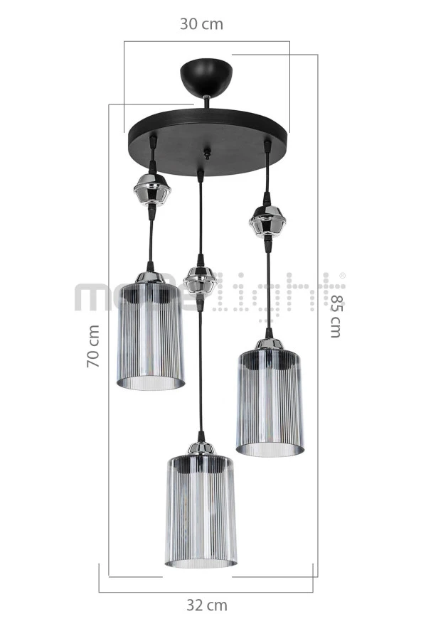Modelight Ceylin 3lü Siyah Optik Füme Camlı Avize - Resim 3