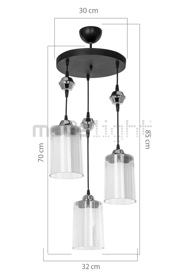 Modelight Ceylin 3lü Siyah Optik Şeffaf Camlı Avize - Resim 4