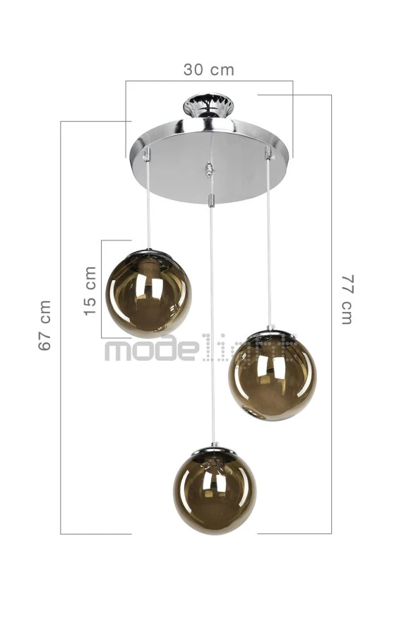 Modelight Toyana Avize Üçlü Krom - Füme Cam - Resim 4