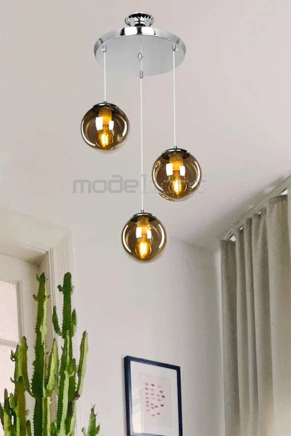 Modelight Toyana Avize Üçlü Krom - Füme Cam ürün görseli