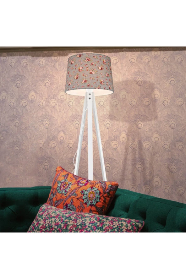 Modelight Deko Lambader Beyaz Ayak / Gri Yasemin Çiçekli Şapka - Resim 3