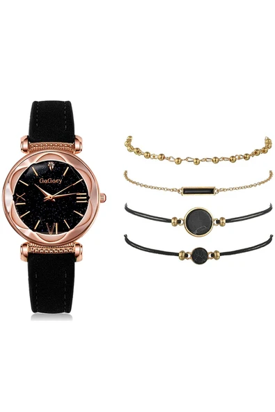 Kadın Kol Saati + 4 Adet Bileklik Lüks Moda Şık Trend Set Saat Siyah Renk - Resim 3
