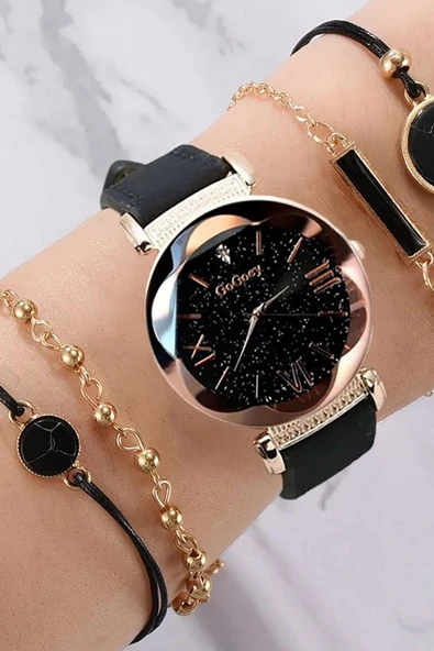 Kadın Kol Saati + 4 Adet Bileklik Lüks Moda Şık Trend Set Saat Siyah Renk ürün görseli 1