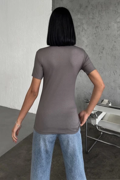 Rahat Ve Şık Kısa Kollu Bisiklet Yaka Likralı Viskon Penye Body Füme - 4