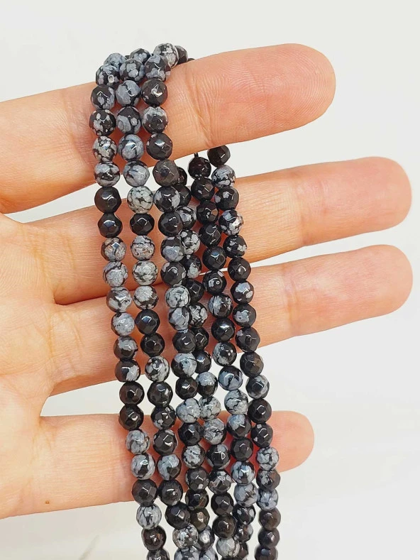 Kar Tanesi Obsidyen Taşı Dizi Faset Kesim 4-4.5mm aralığı ürün görseli 1