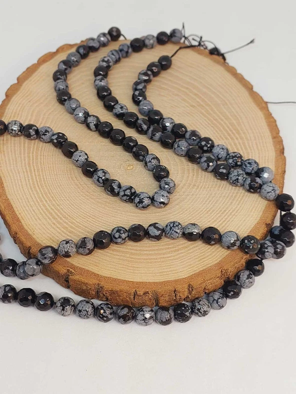 Kar Tanesi Obsidyen Taşı Faset Kesim Dizi 10mm - Resim 3