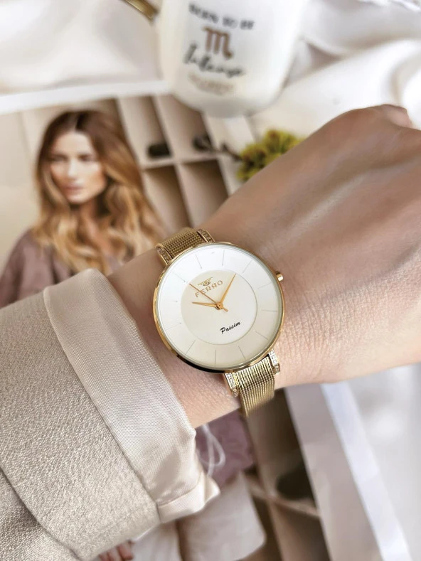 FERRO GoldSilver Hasır Kordonlu Renk Atmaz 30 Metre Suya Dayanıklı Özel Tasarım Kadın KolSaati 81707 - 2