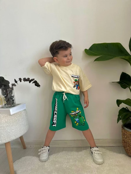 ERKEK ÇOCUK MINECRAFT PAMUK DESENLİ ŞORTLU TAKIM - 2