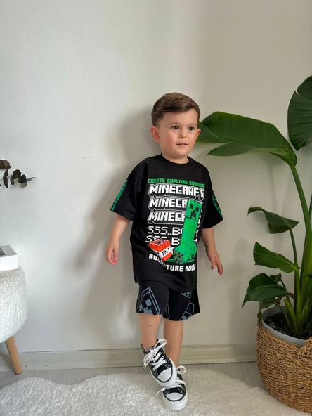 ERKEK ÇOCUK MINECRAFT PAMUK DESENLİ ŞORTLU TAKIM - 8