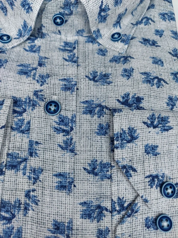 2443 Mavi Çiçek Desenli Slim Fit Gömlek