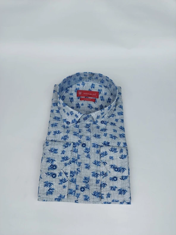 2443 Mavi Çiçek Desenli Slim Fit Gömlek - 2