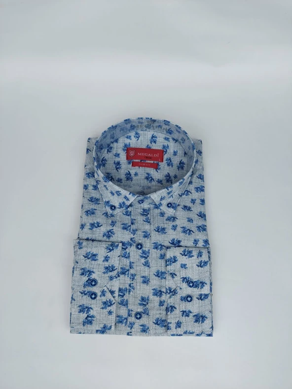 2443 Mavi Çiçek Desenli Slim Fit Gömlek - 3