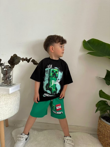 ERKEK ÇOCUK MINECRAFT PAMUK DESENLİ ŞORTLU TAKIM - 11