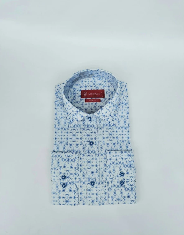 2425 Mavi Desenli Slim Fit Gömlek