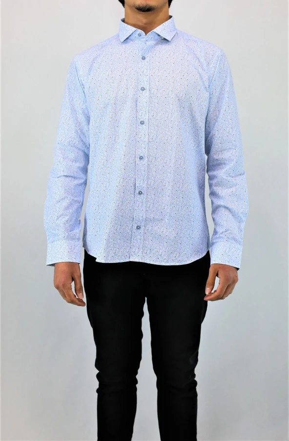 2411 Mavi Desenli Slim Fit Gömlek