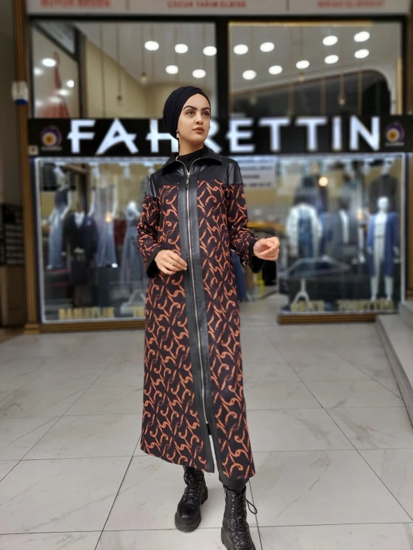 39437 Tarçın Desenli Deri Detaylı Kap - 2