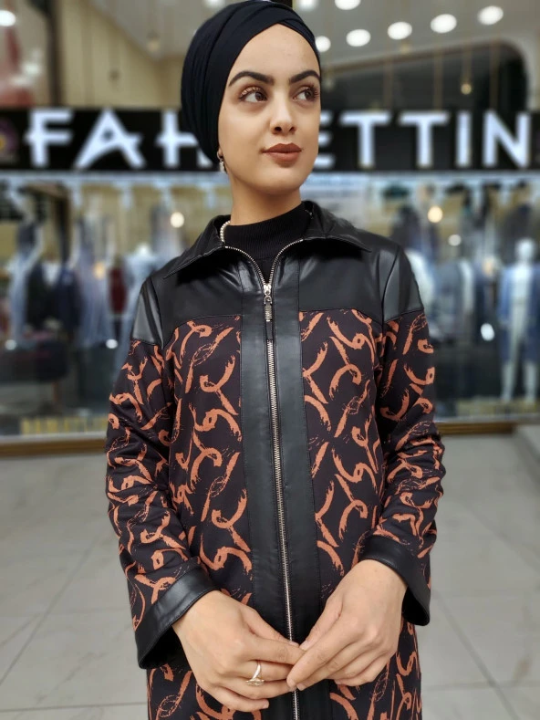 39437 Tarçın Desenli Deri Detaylı Kap - 4