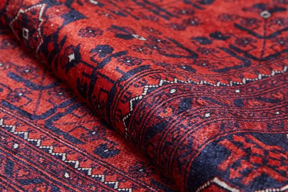 Klasik Kırmızı Salon&Yolluk Dijital Baskılı Makinede Yıkanabilir Kaymaz Taban Saçaklı Halı HK086 - Resim 4