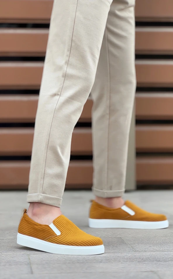 BA0339 Bağcıksız Kadife Hardal Beyaz Taban Günlük Erkek Ayakkabı - Resim 2