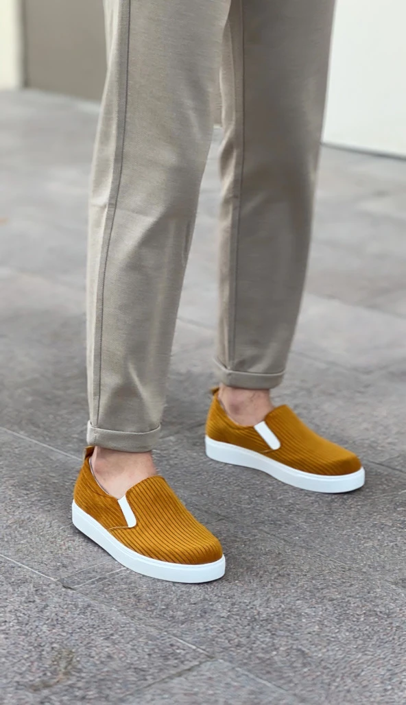 BA0339 Bağcıksız Kadife Hardal Beyaz Taban Günlük Erkek Ayakkabı - Resim 3