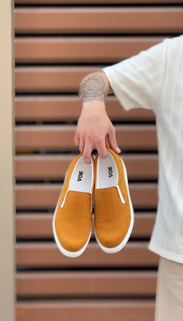 BA0339 Bağcıksız Kadife Hardal Beyaz Taban Günlük Erkek Ayakkabı - Resim 4