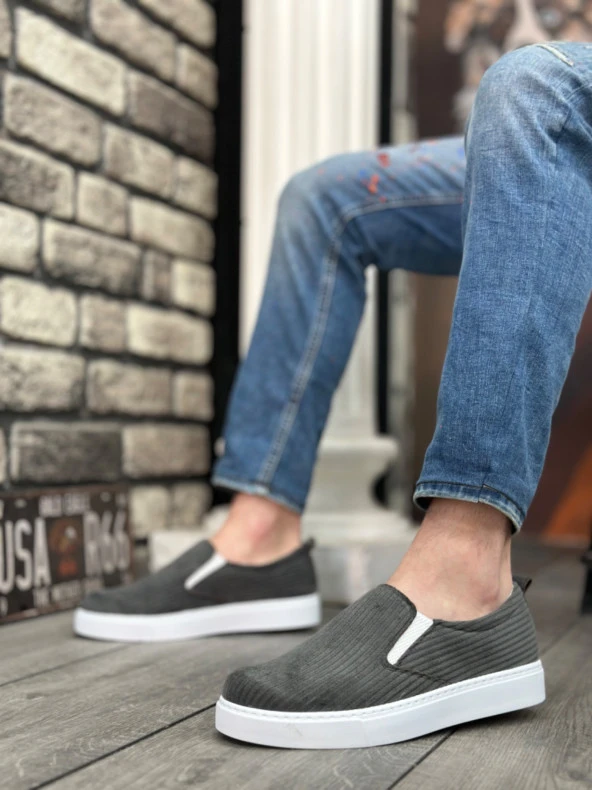 BA0339 Bağcıksız Kadife Gri Beyaz Taban Günlük Erkek Ayakkabı - Resim 6