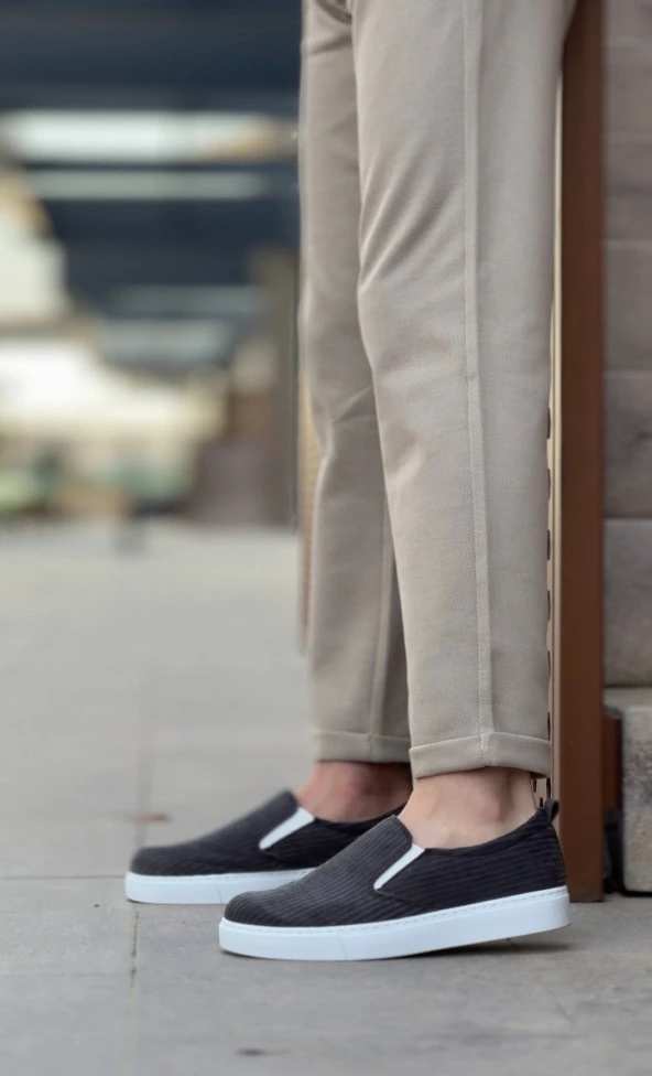 BA0339 Bağcıksız Kadife Gri Beyaz Taban Günlük Erkek Ayakkabı - Resim 7