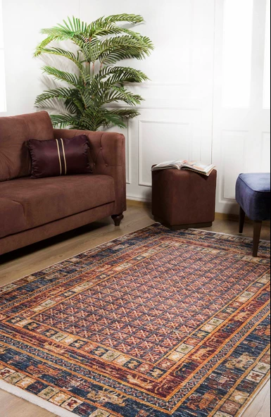 Klasik Lacivert Kahve Salon&Yolluk Dijital Baskılı Makinede Yıkanabilir Kaymaz Taban Saçaklı Halı HK055 - 2