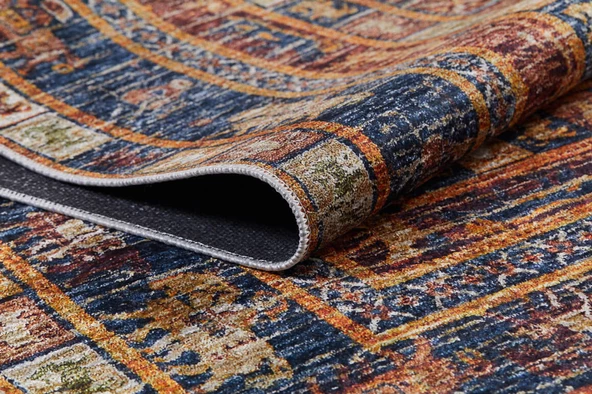 Klasik Lacivert Kahve Salon&Yolluk Dijital Baskılı Makinede Yıkanabilir Kaymaz Taban Saçaklı Halı HK055 - 3