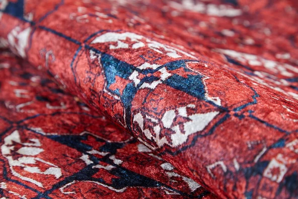 Klasik Kırmızı Salon&Yolluk Dijital Baskılı Makinede Yıkanabilir Kaymaz Taban Saçaklı Halı HK201 - Resim 4