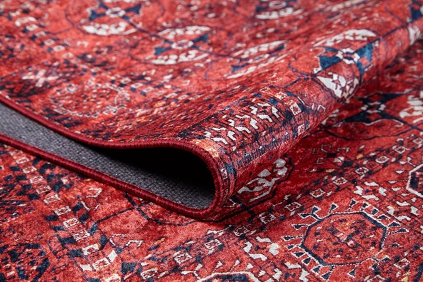 Klasik Kırmızı Salon&Yolluk Dijital Baskılı Makinede Yıkanabilir Kaymaz Taban Saçaklı Halı HK201 - Resim 3