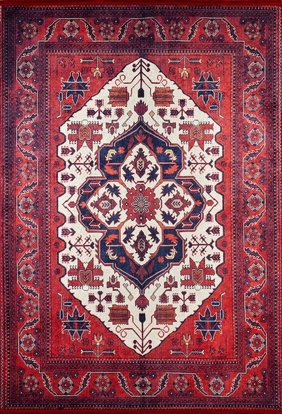 Klasik Kırmızı Salon&Yolluk Dijital Baskılı Makinede Yıkanabilir Kaymaz Taban Saçaklı Halı HK117