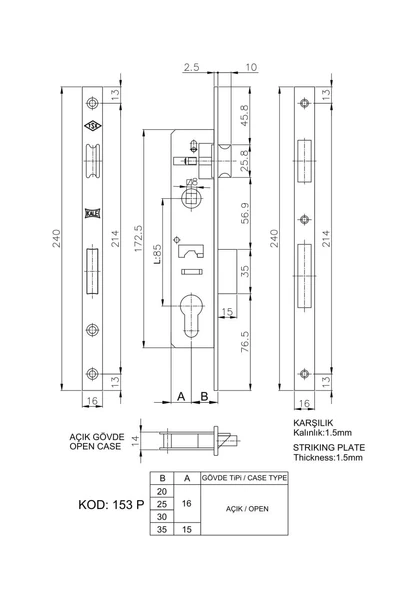 Kale 153 P Silindirli Gömme Kilit/Gövde 35 mm Krom - 2