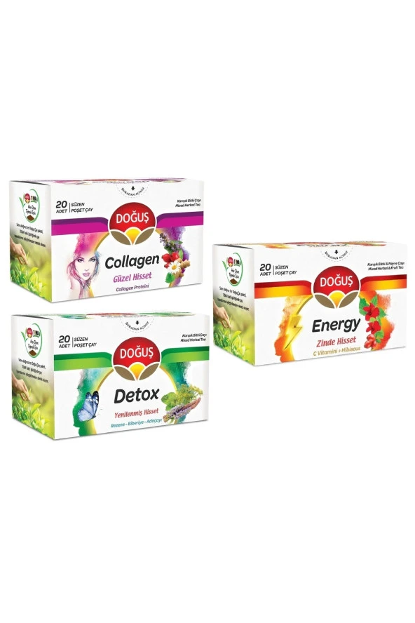 DOĞUŞ 3'Lü Deneme Paketi Collagen - Detox - Energy Bardak Poşet Çay 3 Adet 20'Li