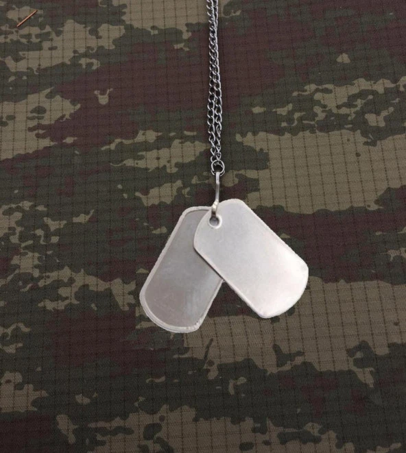 Single Sword Paslanmaz Çelik Asker Künyesi ve Zinciri - Pres Baskı kabartmalı yazı