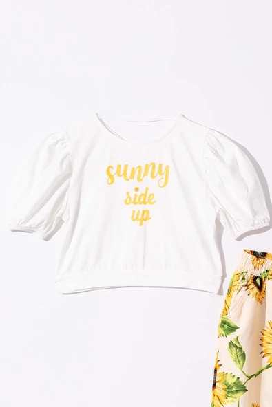 Kız Çocuk Ay Çiçeği Desenli  Eşofman Altı ve Yazı Baskılı Beyaz Eşofman Takım - Resim 2