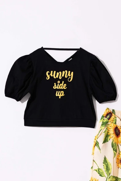 Kız Çocuk Ay Çiçeği Desenli  Eşofman Altı ve Yazı Baskılı Siyah Eşofman Takım - Resim 2