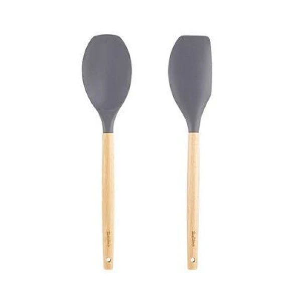 Tantitoni Bambu SaplıI Gri Renkli Silikon Büyük Kaşık Ve Spatula Seti  (Elvin Home Concept)