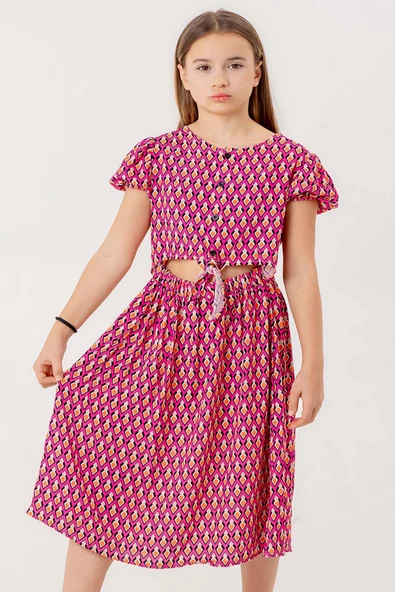 Kız Çocuk Desenli Göbeği Açık Pembe Elbise - 4