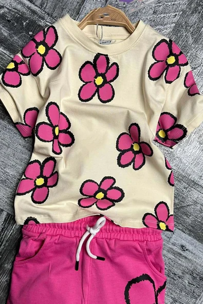 Kız Çocuk Çiçek Baskılı Pembe Şortlu Takım - Resim 4