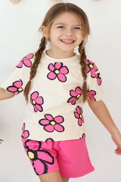 Kız Çocuk Çiçek Baskılı Pembe Şortlu Takım - Resim 2
