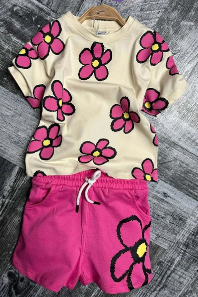 Kız Çocuk Çiçek Baskılı Pembe Şortlu Takım - Resim 3