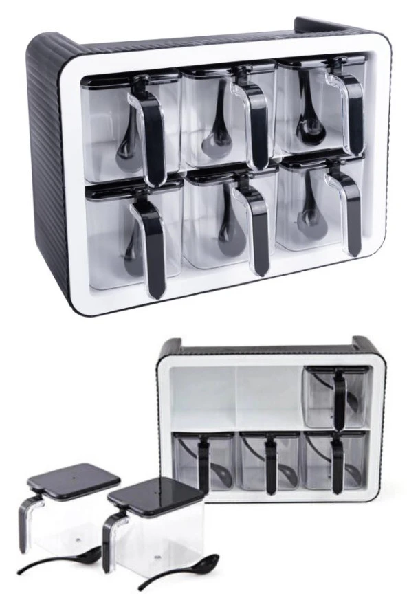 6’lı Baharatlık Seti, Standlı Kaşıklı Kapaklı Yapışkanlı Baharat Erzak Saklama Takımı Siyah-Beyaz - 2